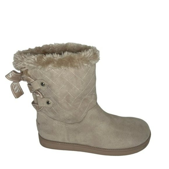 Guess Allyse Sand Logo Bow Suede Faux Fur Mid Calf Winter Boots Size 9M - Picture 4 of 16